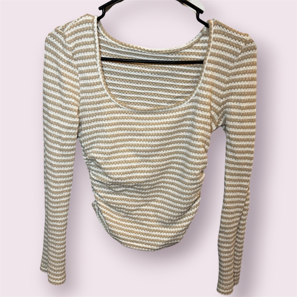 Shein Beige‎ Ribbed Striped Long Sleeve Fitted Top Small